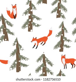 Foxes in the woodland, fir trees, snow, white background. Vector seamless pattern with wild animal. Winter holiday xmas illustration. Cute forest. Season design print. Nature