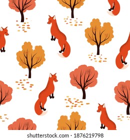 Foxes in the woodland. Seamless autumn forest pattern with cute animals.