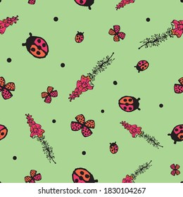 Foxgloves, ladybugs, and butterflies seamless vector pattern. Vibrant surface print design for fabrics, stationery, scrapbook paper, home decor, textiles, and packaging.