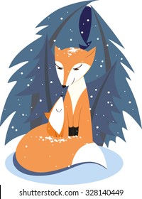 Fox-mother and fox-child in night forest and snowing.