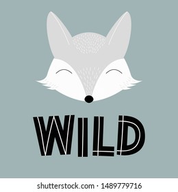 Fox's head in Scandinavian style with hand written text WILD. Primitive animal head drawing in black, white and grey.