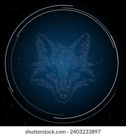 The fox's head symbol filled with white dots. Pointillism style. Some dots is pink. Vector illustration on blue background with stars