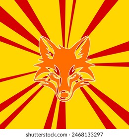 Fox's head symbol on a background of red flash explosion radial lines. The large orange symbol is located in the center of the sun, symbolizing the sunrise. Vector illustration on yellow background