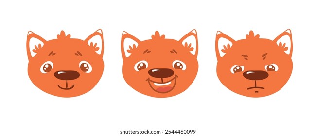 Las expresiones faciales de Fox son diferentes emociones, Ilustración vectorial simple y plana