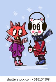 Foxy and bear in winter clothes