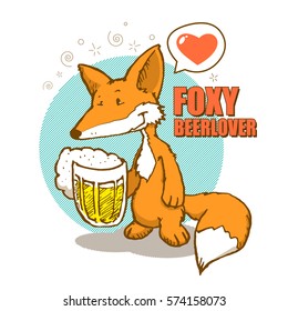 Foxy Beerlover cute personage, fox with beer mug, possible use this vector illustration for t-shorts or stickers, label of craft beer, u can also use like postcard for example on st.Valentine day etc