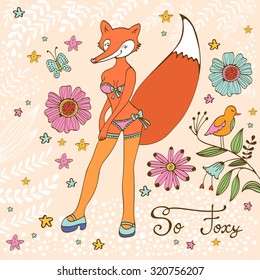 So foxy elegant concept card with attractive fox character. Vector illustration
