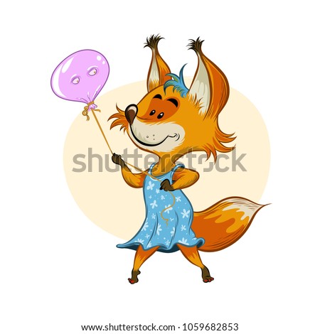 Foxy Lady with Blue Dress, Holding Baloon. Funny Animal Illustration. Vector Clipart. Fox. - Vector