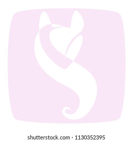 "Foxy lady" logo - Stylish, anthropomorphic fox face with long curvy hair covering one side in light pink.  White background in jpeg file.  Transparent background in vector file.