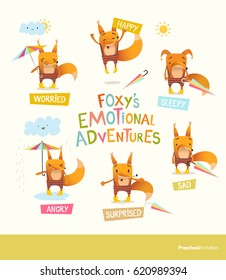 Foxy's emotional adventures. Cute cartoon fox in stripe pants expressing different feelings. Handling positive and negative emotions concept. Vector illustration for educational banner, postcard