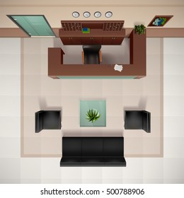 Foyer interior top view realistic background with chairs and sofa vector illustration 