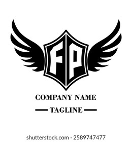 FP A bold winged shield emblem with customizable initials A-Z. Sleek black-and-white vector, perfect for branding, sports teams, motorcycle clubs, gaming,apparel and High-quality
