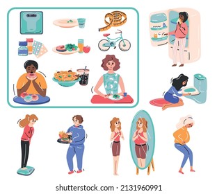 FP eating disorders flat set with isolated icons of food medication and characters of bothered women vector illustration