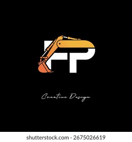 FP Excavator Arm Construction Logo - Bold Industrial Letter mark Design for Heavy Equipment, Contractor Branding and Modern Engineering Identity