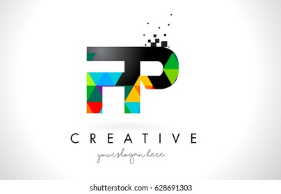 FP F P Letter Logo with Colorful Vivid Triangles Texture Design Vector Illustration.