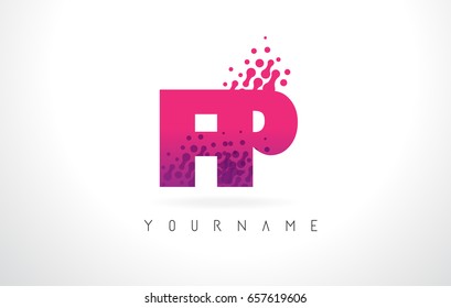 FP F P Letter Logo with Pink Letters and Purple Color Particles Dots Design.