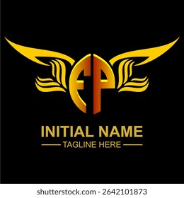 FP Golden Wing Emblem Logo with elegant gold wings, sleek and modern design. Ideal for branding, creative projects, luxury businesses, or artistic ventures.