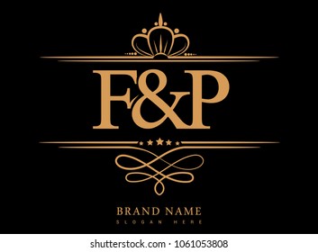 F&P Initial logo, Ampersand initial logo gold with crown and classic pattern
