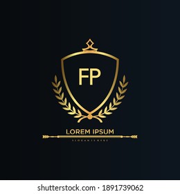 Letra FP inicial con plantilla real.elegante con el logotipo de la corona vectorial, Ilustración vectorial con logotipo de letras creativas.
