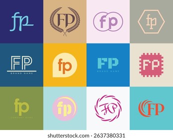 FP logo company template. Letter f and p logotype. Set different classic serif lettering and modern bold text with design elements. Initial font typography. Collection trendy business identity.