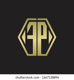 FP Logo monogram with hexagon line rounded design template with gold colors