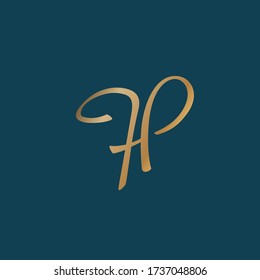 Logo de monograma FP.Icono tipográfico con letra de guión caligráfico f y letra p. Icono de letras. Las iniciales de los alfabetos están aisladas en el fondo oscuro.Caracteres dorados de señas elegantes con estilo de firma.