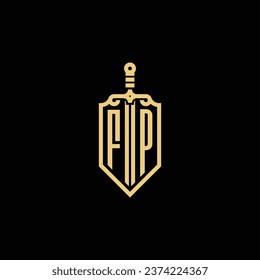 FP vintage shield and sword initial logo in high quality professional design that will print well across any print media