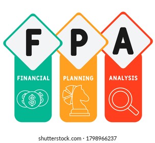 FPA - planificación y análisis financieros. concepto de negocios de siglas. concepto de ilustración vectorial con palabras clave e iconos. ilustración con iconos para banner web, volante, página de inicio