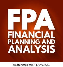 FPA Financial Planning and Analysis - set of four activities that support an organization's financial health, acronym text concept background