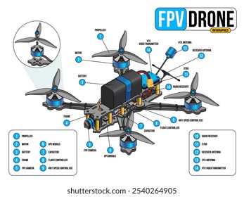 FPV Drone e componentes. Drone isométrico FPV isolado em fundo branco. Corrida freestyle RC Drone. Drone FPV Infográfico