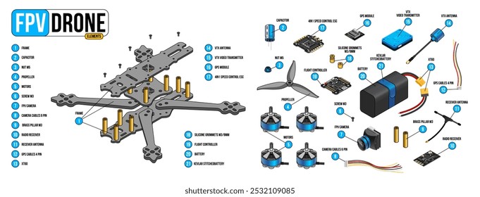 Componentes de FPV Drone. Ilustração isolada de peças isométricas de drone FPV em fundo branco. Corrida freestyle RC Drone. Infográficos de drone FPV