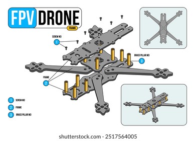 Quadro de Drone FPV. Ilustração isolada de peças isométricas de drone FPV em fundo branco. Corrida freestyle RC Drone. Infográficos de drone FPV