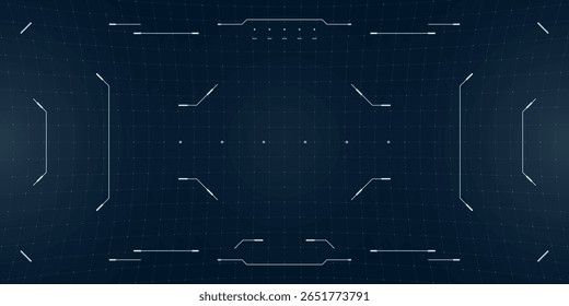 FPV drone HUD com interface de gravação e distorção digital. Monitor ciberesporte futurista em preto e azul com reticulo brilhante e sobreposições de falhas.