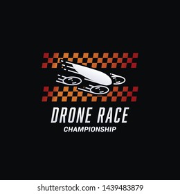 Fpv drone quadcopter racer logo icon with fast racing drone illustration and racing flag background