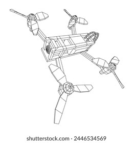 FPV Drone Racing freestyle sport flight. Hobby toys. Wireframe low poly mesh vector illustration.