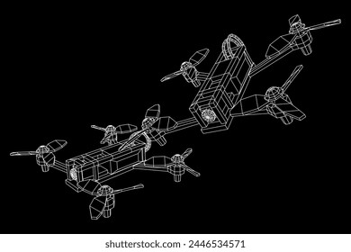 FPV Drone Racing freestyle sport flight. Hobby toys. Wireframe low poly mesh vector illustration.