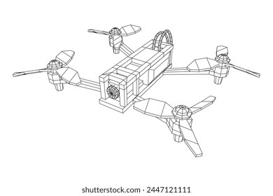 FPV Drone Racing freestyle sport flight. Hobby toys. Wireframe low poly mesh vector illustration.