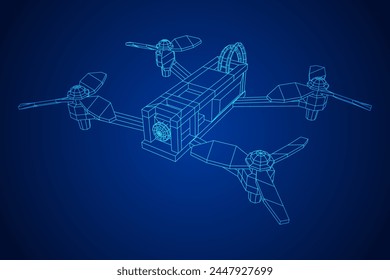 FPV Drone Racing freestyle sport flight. Hobby toys. Wireframe low poly mesh vector illustration.