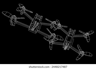 FPV Drone Racing vuelo deportivo estilo libre. Juguetes de pasatiempos. Ilustración vectorial de malla de polietileno baja del alambre.