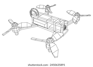 FPV Drone Racing freestyle sport flight. Hobby toys. Wireframe low poly mesh vector illustration.