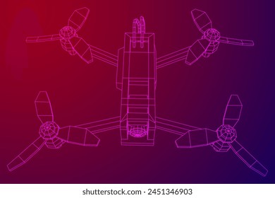 FPV Drone Racing freestyle sport flight. Hobby toys. Wireframe low poly mesh vector illustration.