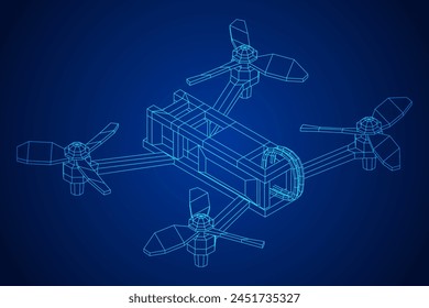 FPV Drone Racing freestyle sport flight. Hobby toys. Wireframe low poly mesh vector illustration.