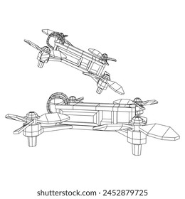 FPV Drone Racing freestyle sport flight. Hobby toys. Wireframe low poly mesh vector illustration.