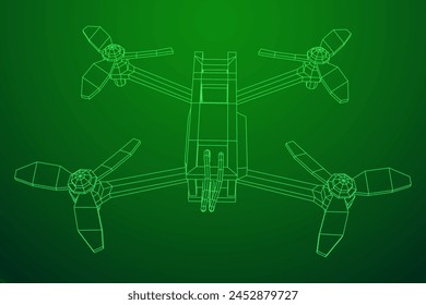 FPV Drone Racing freestyle sport flight. Hobby toys. Wireframe low poly mesh vector illustration.