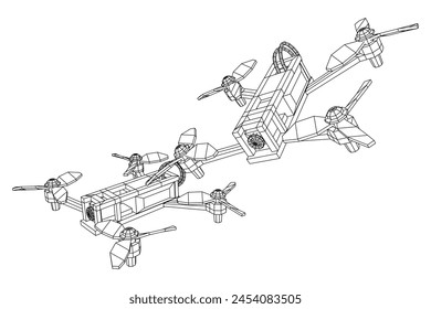 FPV Drone Racing freestyle sport flight. Hobby toys. Wireframe low poly mesh vector illustration.