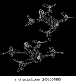 FPV Drone Racing freestyle sport flight. Hobby toys. Wireframe low poly mesh vector illustration.