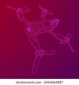 FPV Drone Racing freestyle sport flight. Hobby toys. Wireframe low poly mesh vector illustration.