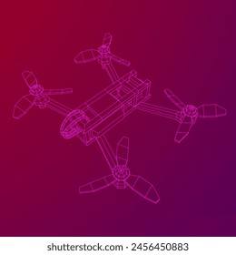 FPV Drone Racing freestyle sport flight. Hobby toys. Wireframe low poly mesh vector illustration.