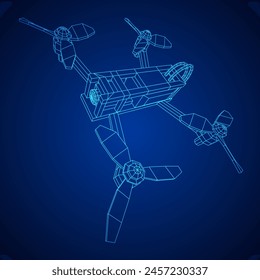 FPV Drone Racing freestyle sport flight. Hobby toys. Wireframe low poly mesh vector illustration.