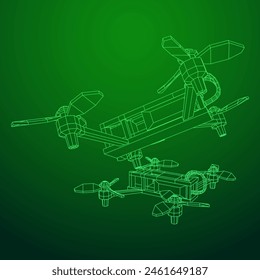 FPV Drone Racing freestyle sport flight. Hobby toys. Wireframe low poly mesh vector illustration.